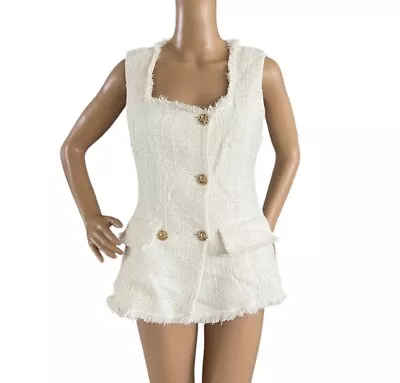 Zara Double Breasted Tuxedo Blazer Vest Ivory Pockets Textured Frayed Small New • $18.50