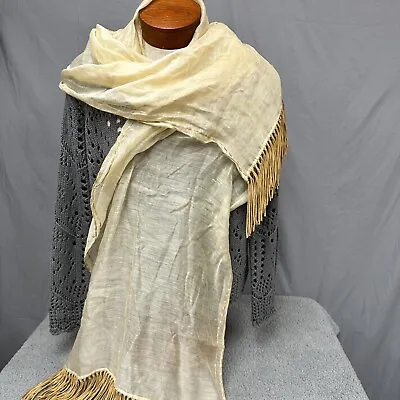 Bajra Rectangle Scarf Shawl Wrap Ivory Cotton Silk Leather Tassel 86x20 • $75