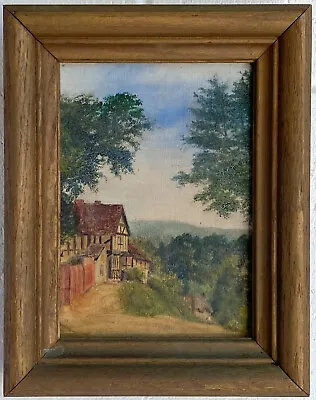 European Village Landscape 1940s Vintage Oil On Canvas Board Painting • $374