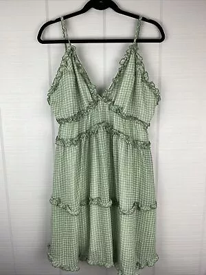 NWT Zaful Sage Green Mini Summer Dress Grid Pattern Ruffle Detail Size M • $16.99