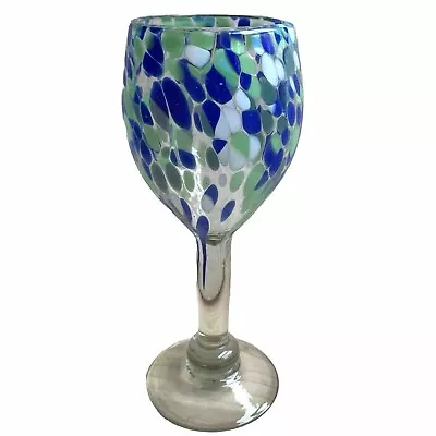 Hand Blown Mexican Confetti Wine Glass Water Goblet Blue Green White • $10.99