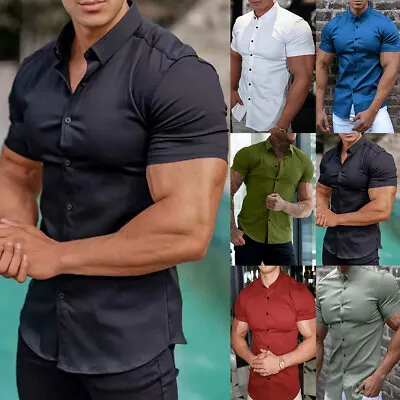 Mens Muscle Slim Fit Short Sleeve T- Shirts Button Casual Business Tops Blous UK • £11.99