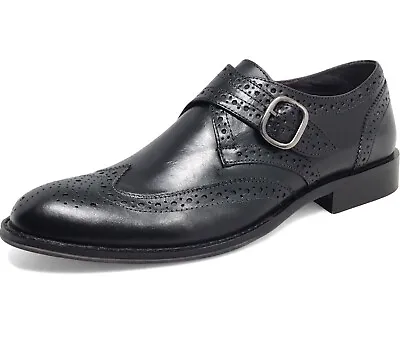 Mens Designer Formal Single Monk Strap Shoes Genuine Leather Brogues Size • £32.90