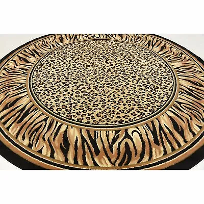 $201.51 • Buy Safari Animal Print Round Area Rug 8' Wildlife Leopard Tiger Border Brown Cream