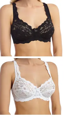 Ladies Full Cup Lace Underwired Stretchy Floral Bra Lingerie Black & White • £8.90