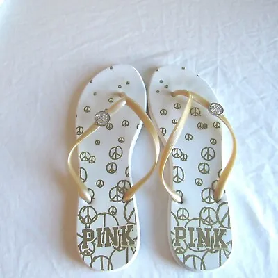 Victoria's Secret PINK Flip Flop Thong Sandal Shoe White/Gold L Preowned • $12.99