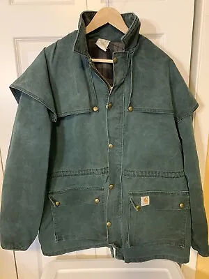 CARHARTT Vintage CW043 Mens Sz L Blue Green Duck Shoulder Cape Chore Jacket Coat • $581