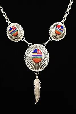 QT Quoc Necklace 925 Sterling Silver Stone Multi-Color Inlay Navajo Signed BinT • $151.99