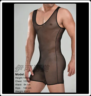  Men Mesh See-through Bodysuit Sexy Leotard Wrestling Singlet Lingerie Underwear • £6.90