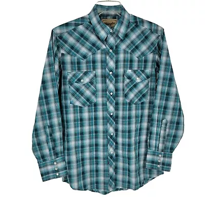 Vtg Wrangler Western Pearl Snap Shirt Medium Blue Plaid Casual Work • $19.95