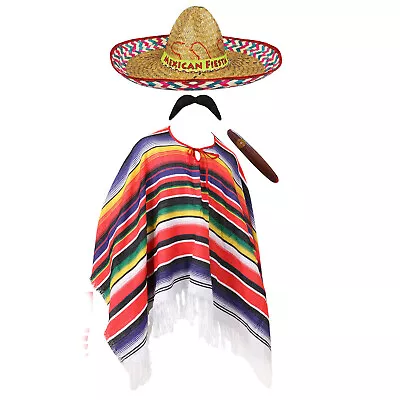 Mexican Poncho Sombrero Cigar Mens Mexico Fancy Dress Costume Stag Party Outfit • £19.99