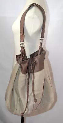 J Jill Tan Linen And Soft Leather Drawstring Bucket Shoulder Bag Purse Boho • $21.99
