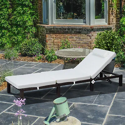 Sun Lounger Rattan Reclining Sun Bed Garden Furniture Recliner Chair W/Cushion • £99.99