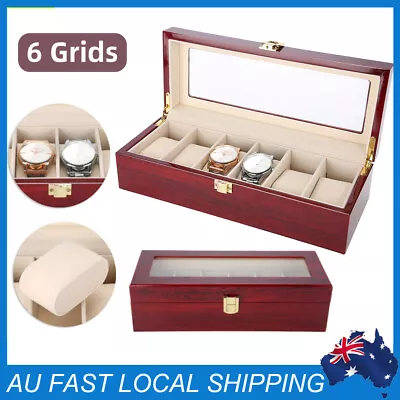 6 Grids Watch Jewelry Bracelet Display Box Wooden Case Storage Organizer Gift AU • $27.53