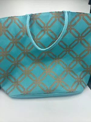 Mudpie Jute Beach Bag Tote Carry All Aqua Blue Teal Gold Extra Large Lattice • $19.99