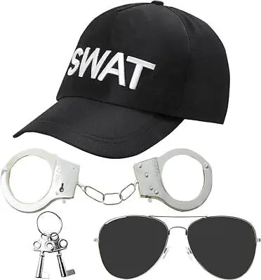 3pc SWAT Costume Accessories Swat Halloween Fancy Dress Swat Hat Police Handcuff • £7.99