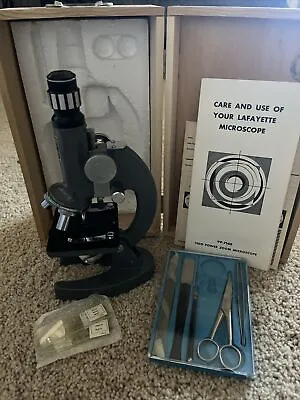 Vintage Lafayette 99-7140 100X-900X Zoom Microscope In Wood Box W/Kit And Slides • $44