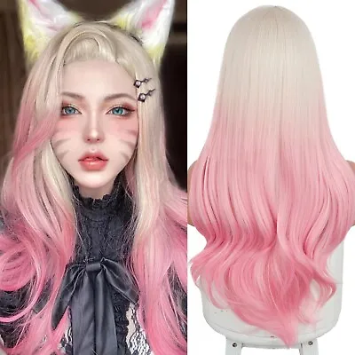 Long Pink Blonde Gradient Lolita Halloween Custume Wigs Synthetic Hair None Lace • £17.99