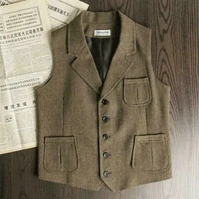 Mens Retro Wool Tweed Herringbone Vest Lapel Waistcoat Gilet Suits Formal Tops G • $32.99