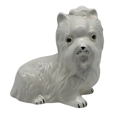 Vintage Ceramic Maltese Dog Figurine  5.5” Tall  Laying Down  White With Bow • $13.46