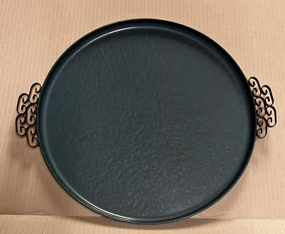 Kyes Hand Made Round Metal Tray Teal Moire Glaze Vintage 1960s Brass Handles 13  • $29.97