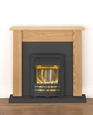 Electric Fire Oak Fireplace Surround Black Hearth Black Led Pebbles Bnib • £299.97