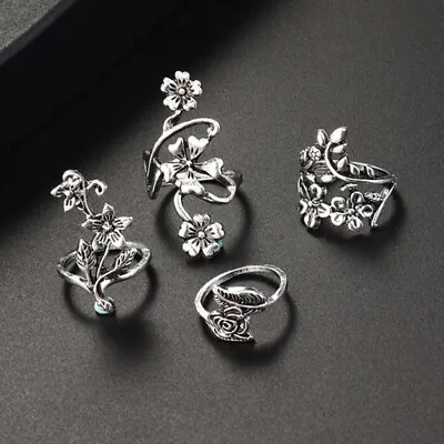 4pcs Antique Silver Bohemia Ring Set Rose Flower Rings For Women Charm R-qi -P_ • £4.62