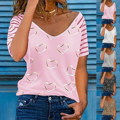 £9.89 • Buy Womens Heart Print T Shirt Tunic Tops Ladies Summer V Neck Striped Casual Blouse