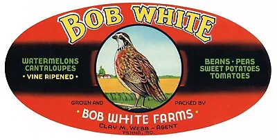 Genuine Fruit & Vegetable Label Vintage 1930s Bob White Quail Vienna Maryland  • $5.95