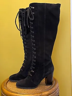 CARA OF LONDON BLACK LEATHER SUEDE LADIES BOOTS KNEE HIGH LACE FRONT Size 5 / 38 • £75