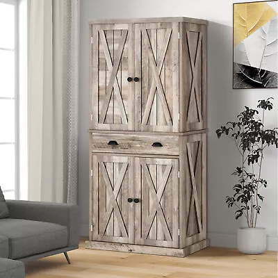 Farmhouse 72'' Tall Kitchen Pantry Cabinet W/ Adjustable Shelves Cupboard Drawer • $199.99