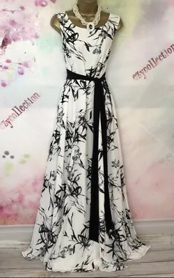 Jacques Vert White/black Floral Long/full LENGTH MAXI Occasion Dress SIZE 12 • £22