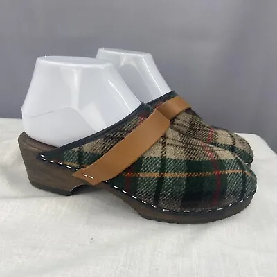 Moheda Toffeln Size US 6.5 EU37 Plaid Wool & Leather Wooden Clogs Sweden Mules • $30.99