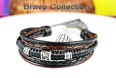 Armband Solid Sterling Silver & Leather Wristband Men Bracelet 1B-235 • £27.85