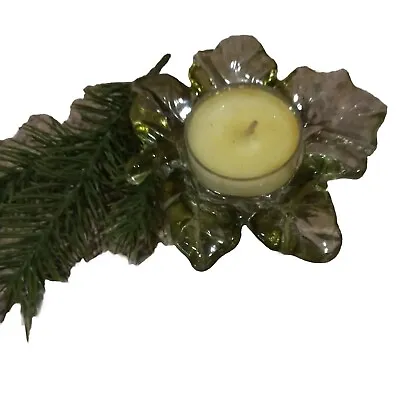 Maple Leaf Green Glass Votive Tea Light Candle Holder Vintage Fall Autumn  • $12.98