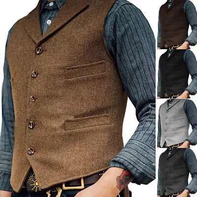 Mens Vest Herringbone Tweed Waistcoat Vintage Formal Notch Lapel Retro ! • $7.64