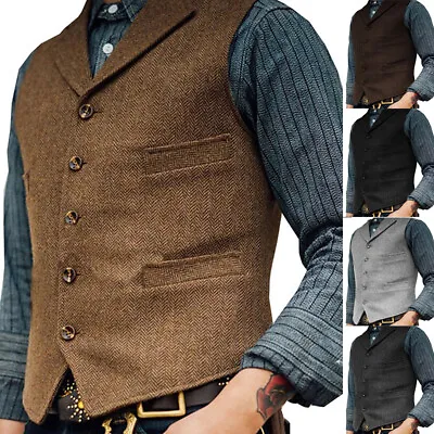 Mens Vest Herringbone Tweed Waistcoat Vintage Formal Notch Lapel Retro • $7.64