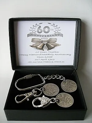£9.45 • Buy Pair 1962 Sixpence Keychains 60th Diamond Wedding Anniversary Gift Personalised 
