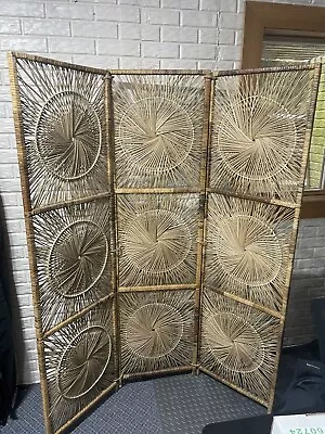 1970s Vintage Mid Century Wicker Sunburst 3 Panel Room Divider Screen #2 • $281.25