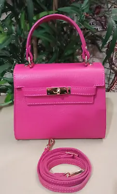 Kelly Genuine Fuchsia Leather Women Hand Shoulder Bag Chic Mini Bag Made Italy • £76.88