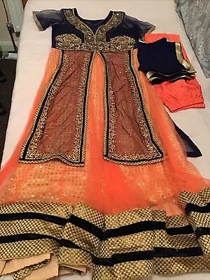 Anarkali Dress 3 Piece Suit Peach Navy Velvet Net 12 New Salwar Kameez Party • £19.99