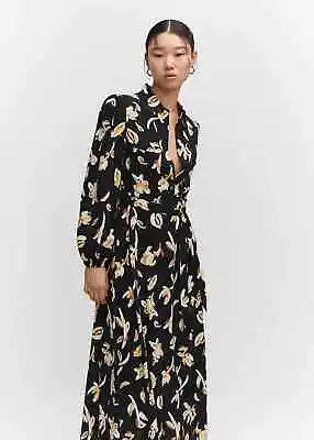 MANGO Printed Shirt Dress Black Floral Size L $59 • $50.45