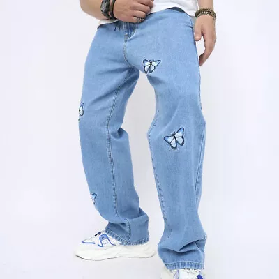 Butterfly Embroirdered Mens Straight Blue Denim Cotton Jeans • $69.72