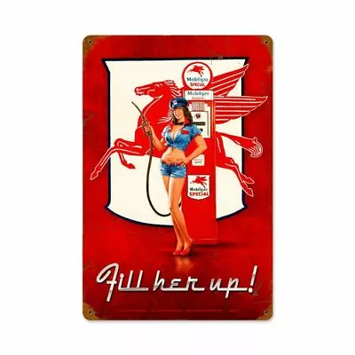 Fill Her Up Mobil Gas Station Attendant Pin Up Metal Sign By Greg Hildebrandt • $129