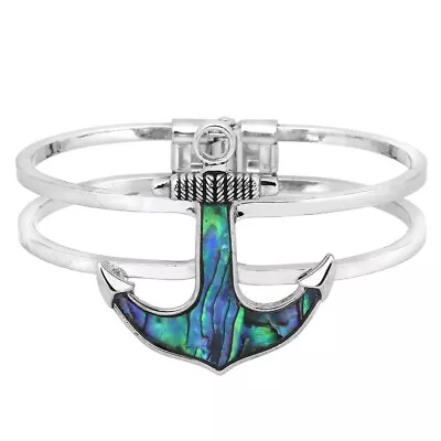 Anchor Bracelet Hinge Bangle Abalone Shell Metal SILVER Sea Life Animal Nautical • $12.99