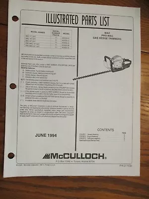 Used Mcculloch Pro Mac Gas Hedge Trimmers  Parts List June 1994 • $8.65
