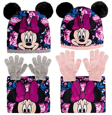 Disney Minnie Mouse Bobble Hat  + Snood Scarf + Gloves Girls 3 Piece Winter Set  • £11.95