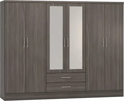 Nevada Black Wood Grain Effect 6 Door 2 Drawer Mirrored Wardrobe • £377.99