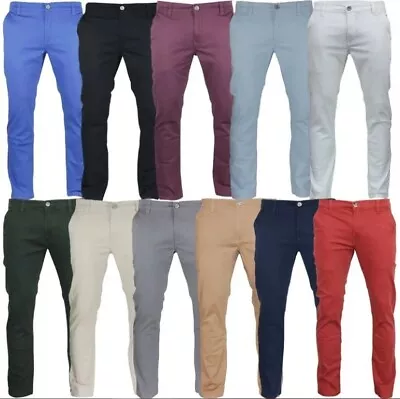 Mens Chino Trousers Slim Fit Stretch Cotton Jeans Pants All Waist Sizes • £12.99