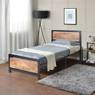 Bed Frame Industrial Wooden Headboard Footboard Strong Metal Twin/Full/Queen • $79.99